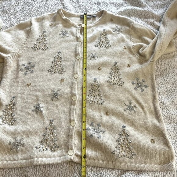 Croft & Barrow Christmas Sweater Cardigan Beaded Tree Snowflakes Ivory sz L - Picture 8 of 9